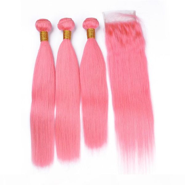 

peruvian virgin pink color human hair weaves with closure silky straight peach pink 4x4 lace front closure with human hair bundles deals, Black