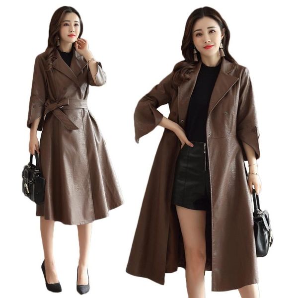 

long female windbreaker 2021 new double-breasted leather jacket coat women faux leather outerwear women high-end pu coat, Black