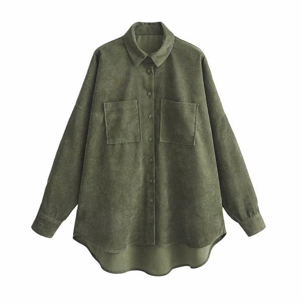 

women oversized armygreen blouse solid asymmetry lapel long sleeve corduroy shirt female casual loose chic blusas, White