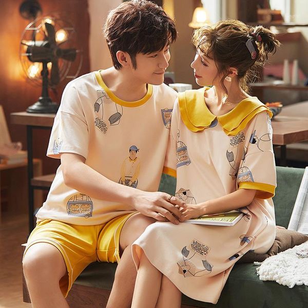 

100% cotton cotton short-sleeved shorts couple men's pajamas printed pajamas summer casual clothes ladies night home suit1, Black;brown