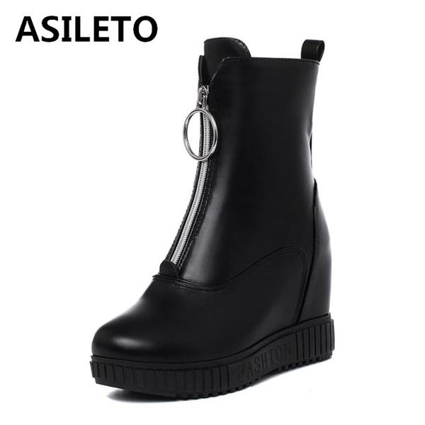 

boots asileto women ankle round toe pu 3+5cm wedge heel zip short plush height increasing big size thick bottom casual s2088, Black