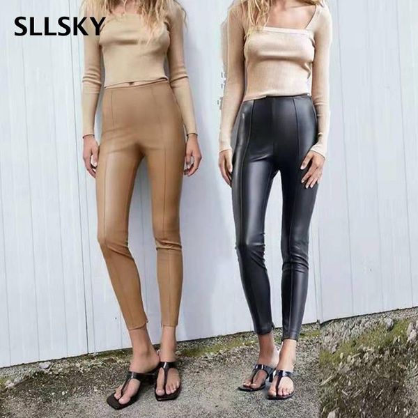 

women's pants & capris sllsky 2021 fashion pu leather khaki women casual zip up pencil trouser autumn winter ladies high waist pant des, Black;white