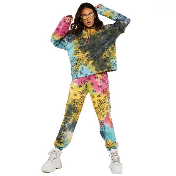 

толстовки костюм с длинным рукавом пуловер толстовки эластичный пояс брюки famale двухкусочный одежда костюм женщины tie dye, White