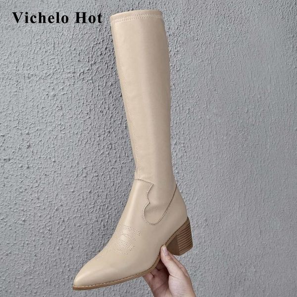 

boots vichelo 2021 embroidery real cow leather noble pointed toe thick med heel zipper gorgeous modern knee-high l64, Black