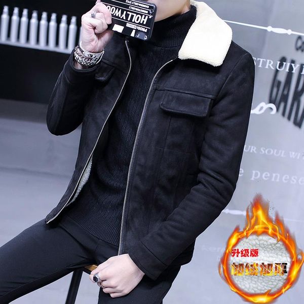 

winter men's 2021 spring and autumn men's jackets lapel jackets plus velvet jacket warm jacket fashion lamb coat, Black;brown