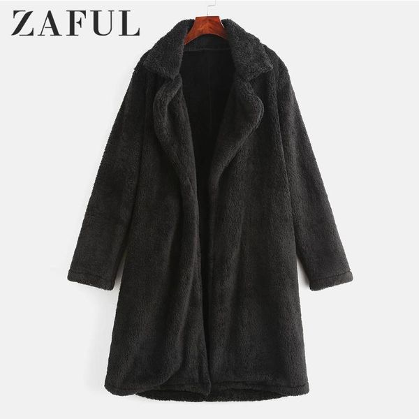 

zaful open front plain faux fur coat wide-waisted women fur outwear solid long lapel jackets open stitch thick winter coat tunic1, Black