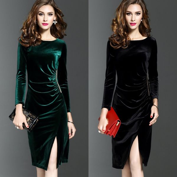 

autumn winter 2020 korean new velvet women's one-step dress dress long skirtsleeve slim show thin mid long skirt waist style one step s, Black;gray