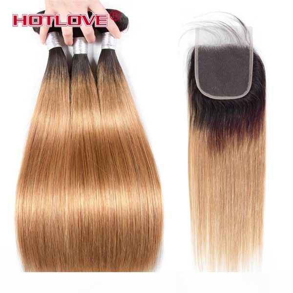 

brazilian straight hair human hair weave bundles with closure 4pcs lot ombre two tone pre-coloed honey blonde burgundy red brown ove, Black;brown