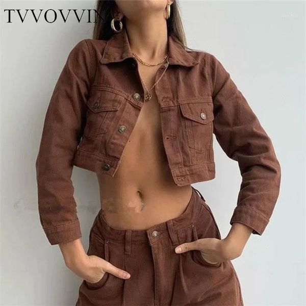 

tvvovvin autumn winter jacket women turn-down collar cropped denim jacket in brown womens idqm1, Black;brown