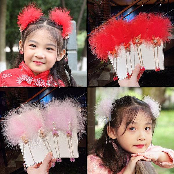 

chinese style feather tassel children's hairpin retro hanfu girl baby princess red hair clips headdress new year barrettes, Slivery;white