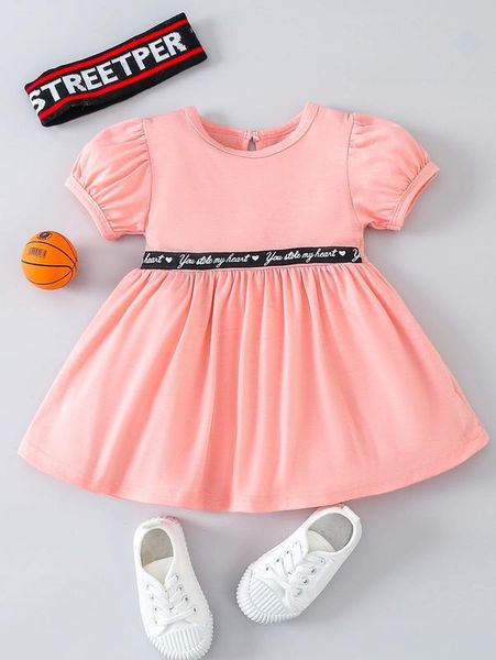 

baby contrast letter tape puff sleeve keyhole back dress she, Red;yellow