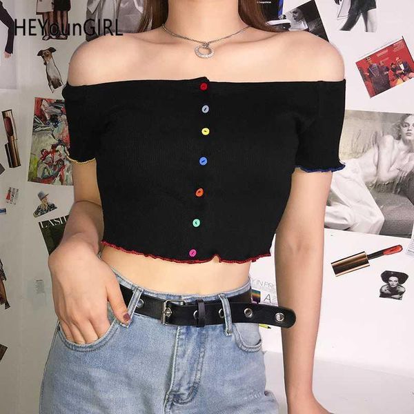 

heyoungirl casual off the shoulder for women harajuku short sleeve crop t shirt colorful buttons fashion woman tshirt1, White