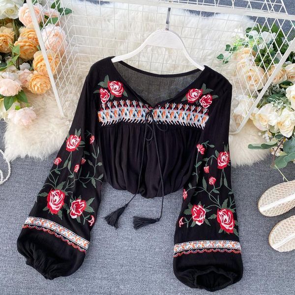 

new women girl shirts autumn summer vintage printed embroidery flower o neck blouse shirts lantern sleeve loose blouses1, White