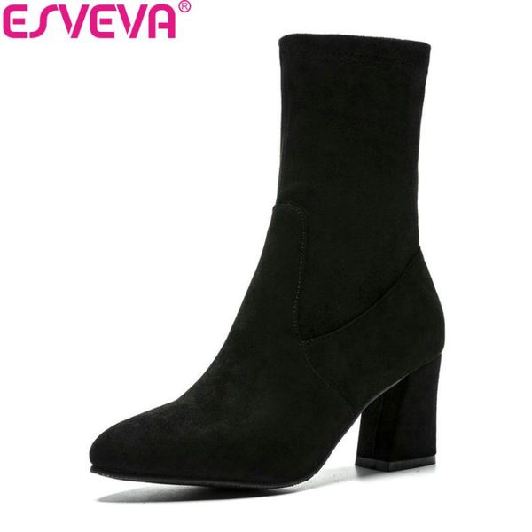 

esveva 2020 women shoes round toe square high heels ankle boots shoes slip on flock synthetic autumn woman boots size 34-43, Black