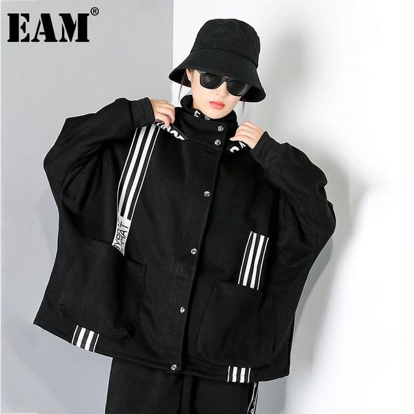 

women's jackets [eam] loose fit gray spliced striped big size jacket hooded long sleeve women coat fashion tide autumn winter 2021 1dd1, Black;brown