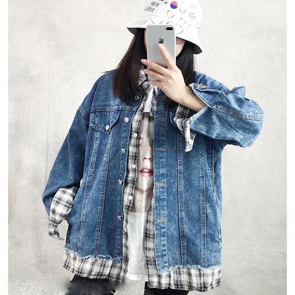 

women mid-long splice plaid denim jacket korean style loose spring autumn fake two-piece suit single-breasted female jacket, Black;brown