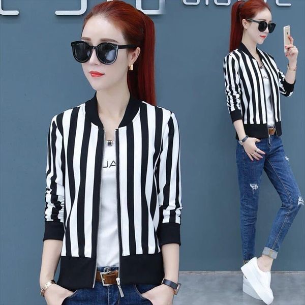 

2020 new summer bomber jacket women basic jacket coats casual thin elegant stripe long sleeve slim female outerwear t13, Black;brown