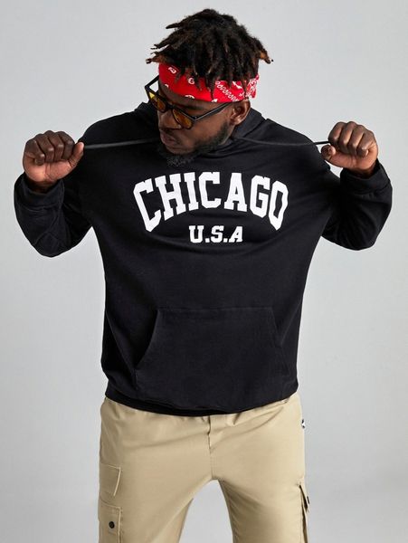 

extended sizes men drop shoulder letter graphic hoodie x18b#, Black