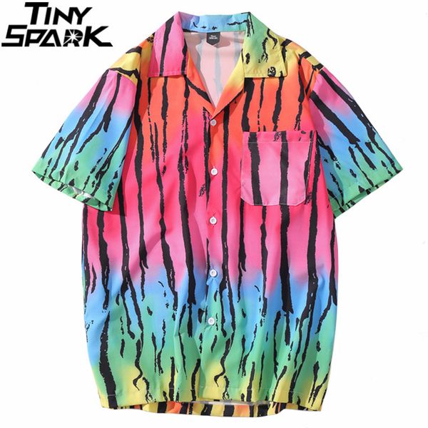 

2020 hip hop shirt streetwear men hawaiian shirt tie dye rainbow black stripe shirts short sleeve beach shirt summer, White;black