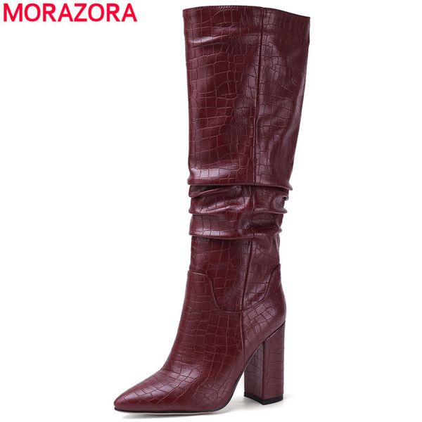 

morazora plus size 34-43 new brand women boots thick high heels autumn winter boots cowboy western knee high boots women shoes t200425, Black