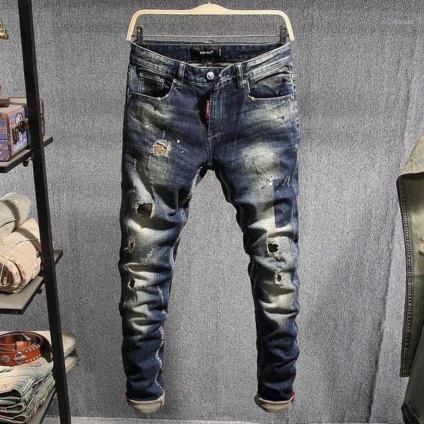

italian style fashion men jeans dark blue slim destroyed ripped jeans men hip hop pants streetwear designer1