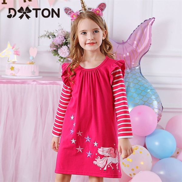 

dxton winter kids dresses for girls flying sleeve unicorn children dress star stripe toddler cotton clothing causal girls dress lj200923, Red;yellow