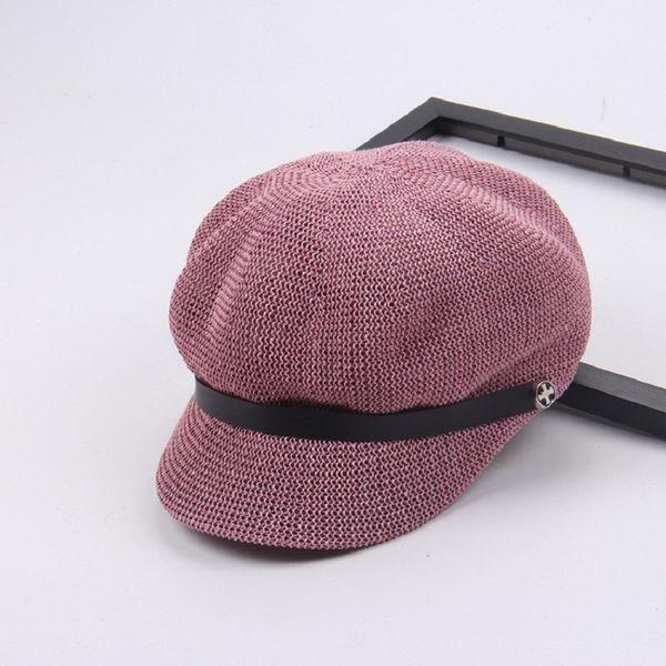 

summer fashion women linen newsboy octagonal hat with leather belt artist painter beret hats gatsby golf cap cabble caps 201026, Blue;gray