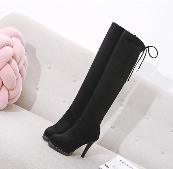 

high heel high heel waterproof platform lace-up pearl skinny leg boots over the knee plus velvet joker korean joker female, Black