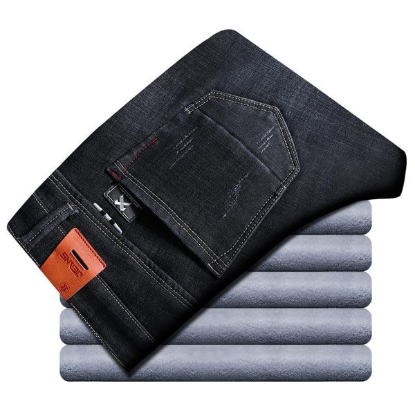 

2020 winter jeans men's slim fit thick velvet pants warm men young skinny cowboy classic casual denim fleece trousers male, Blue