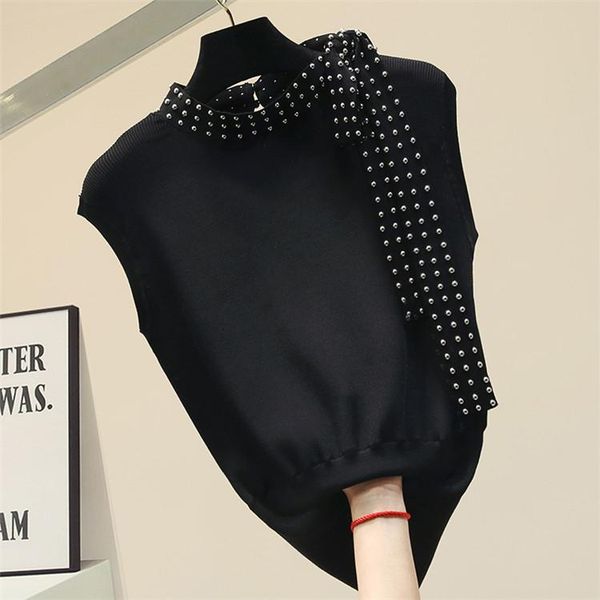 

knitted ice silk sleeveless beading tank women black white 2020 summer new arrival