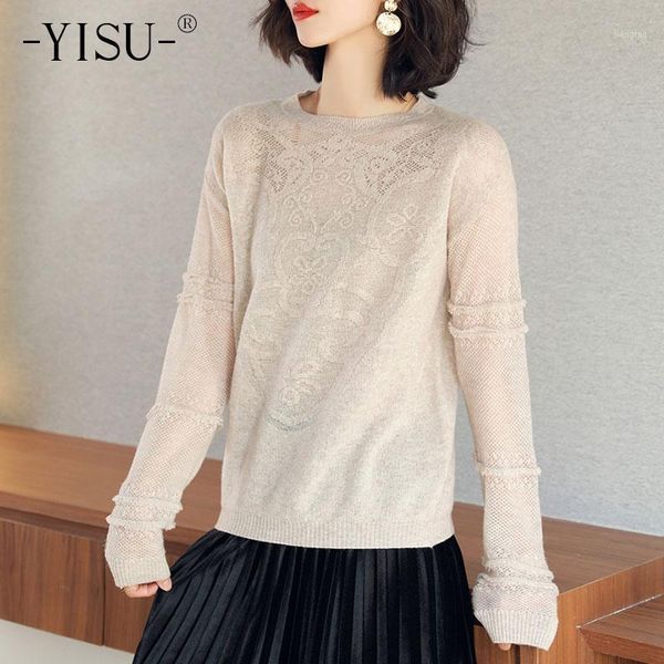 

yisu 2020 autumn winter new solid color o-neck pattern long sleeve wool thin fashion simple female jumper women pullover1, White;black