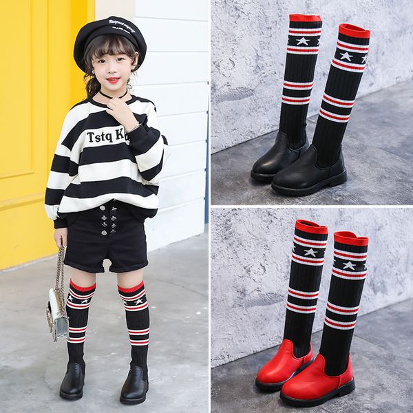 

children' knitted elastic girls autumn winter princess shoes knee-high socks boots fashion cute warm long botas, Black;grey