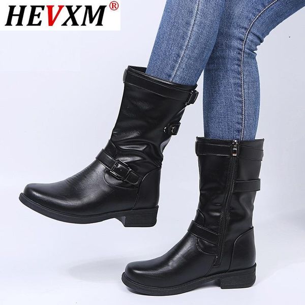 

pu кожа женская обувь осень зима пряжка ремешка mid теленок boots платформа низкие каблуки западная дамы мартин сапоги botas mujer, Black