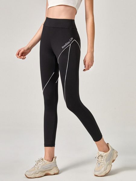 

letter graphic contrast binding crop leggings w4dx#, Black