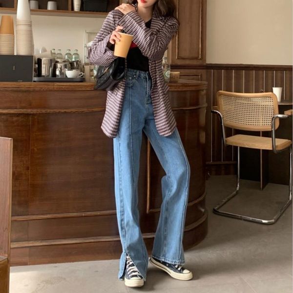 

spring 2021 vintage wide leg jeans pants women loose split female denim trousers korean style casual high waist straight jeans, Blue
