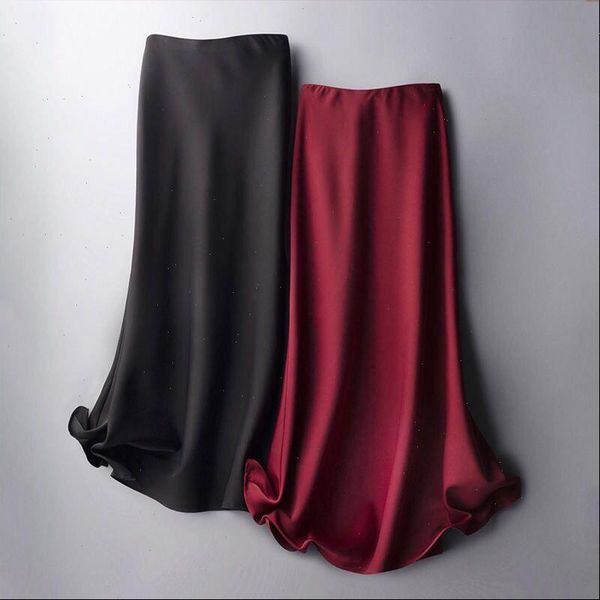 

womens elegant glossy satin skirt lady fashion ol party office skirts vintage plain solid high waist skirts work wear, Black