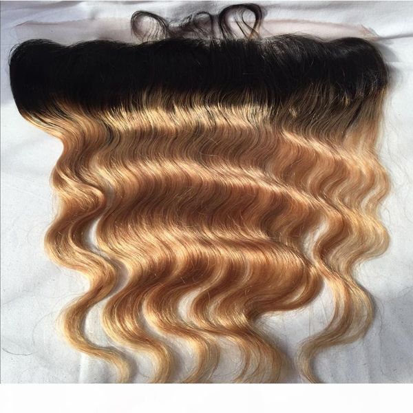 

t1b27 lace frontal closure 13x4" brazilian human hair dark roots honey blonde ombre frontal body wave natural hair line, Black;brown