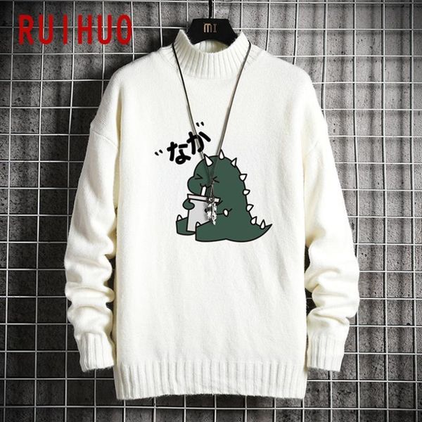 

ruihuo 2020 autumn winter mock neck cartoon dinosaur knitted sweater men clothes pullover men sweater black men's knit, White;black