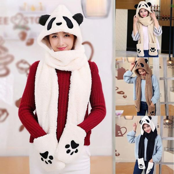 

Women Cute Cartoon Thick Women Scarves Cute Cartoon Panda Printing Thick Hat Ear Protectors Warm Plush Hat Scarf Gloves Set, Blue;gray