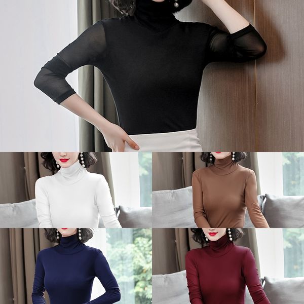 

новой база высокой шеи зима осень bottom shirtfor 2020 женщин сетки жира мм большой футболки с толстыми длинными рукавами и небольшая рубашк, White