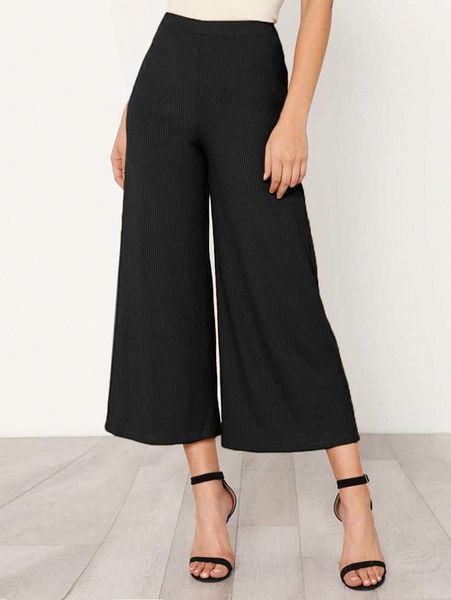 

elastic waist solid culotte pants j2jb#, Black;white