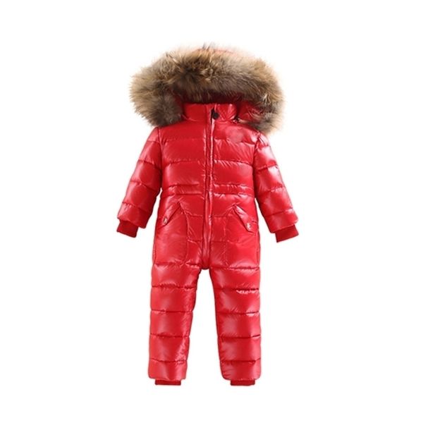 

winter big real fur collar white duck down rompers baby hooded warm windproof romper kids snow ski suit y200901, Blue;gray
