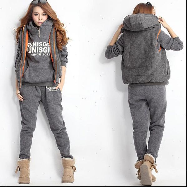 

casual 3 piece set tracksuit women clothes 2021 winter ladies thicken sweat suits ropa deportiva mujer conjunto moleton feminino, Gray