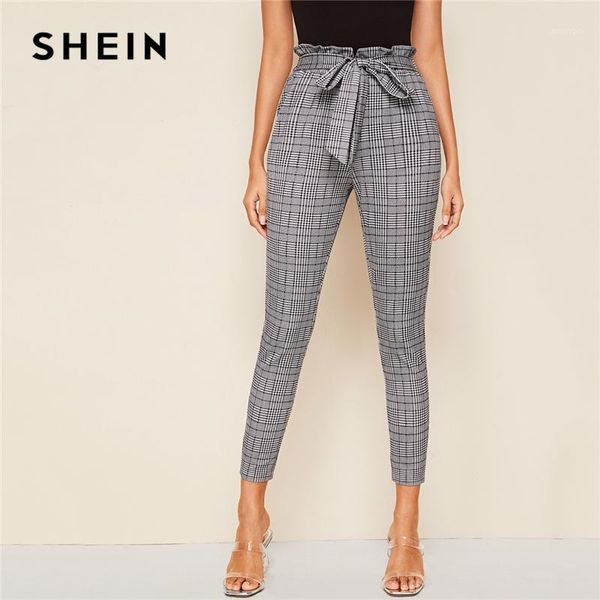 

women's pants & capris shein grey plaid paperbag waist self belted casual women bottoms 2021 autumn high office ladies skinny trousers1, Black;white