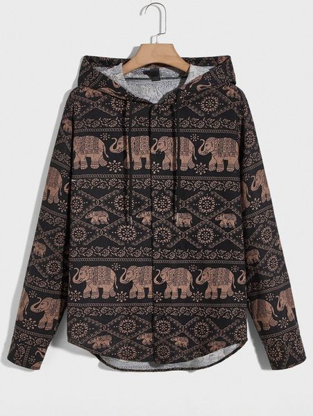 

men elephant print drawstring hooded shirt l0tl#, White;black