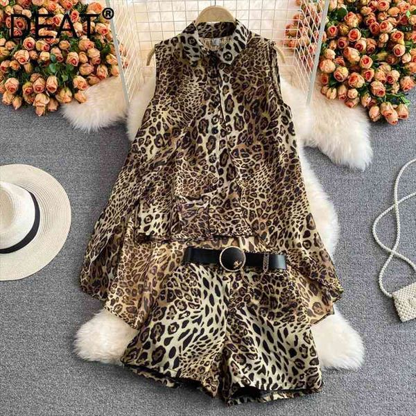 

women lapel sleeveless peopard t-shirt shorts two piece set fashion temperament spring summer 11d1644, Gray