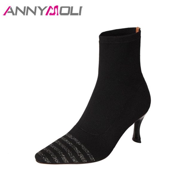 

annymol woman boots high heel ankle boots pointed toe short mixed color stiletto heel female shoes autumn black silver 39