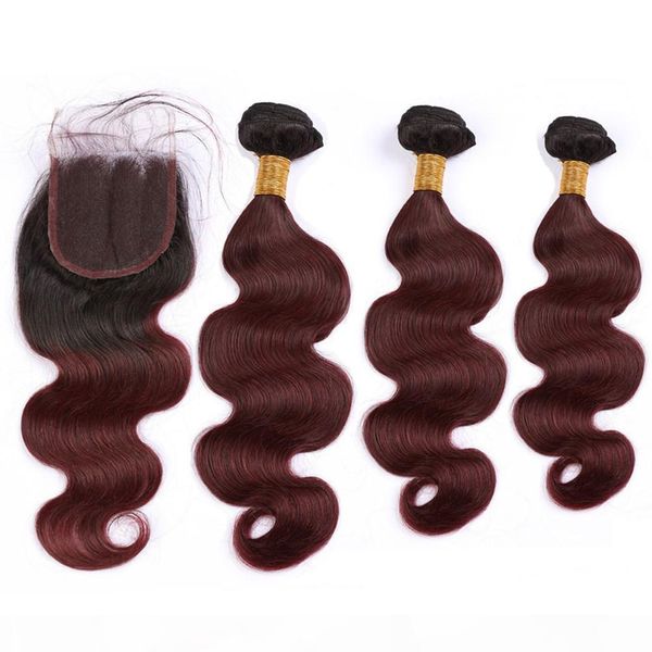 

ombre burgundy body wave human hair bundles with closure #1b 99j wine red ombre peruvian wavy human hair weaves with lace closure 4x4, Black;brown
