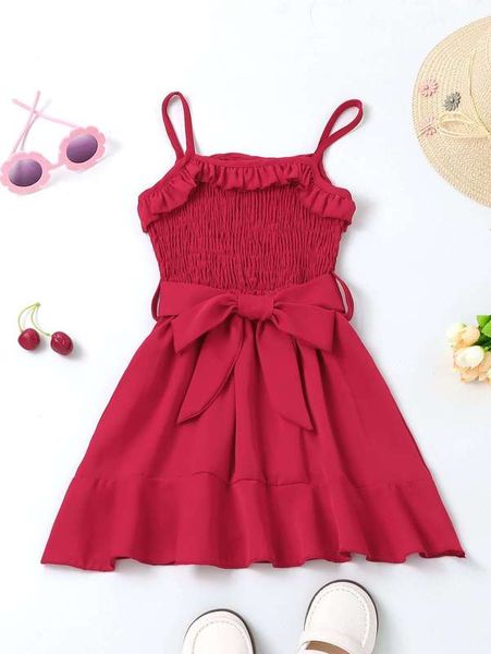 

little girl pleated ruffle belt suspender dress she, Red;yellow