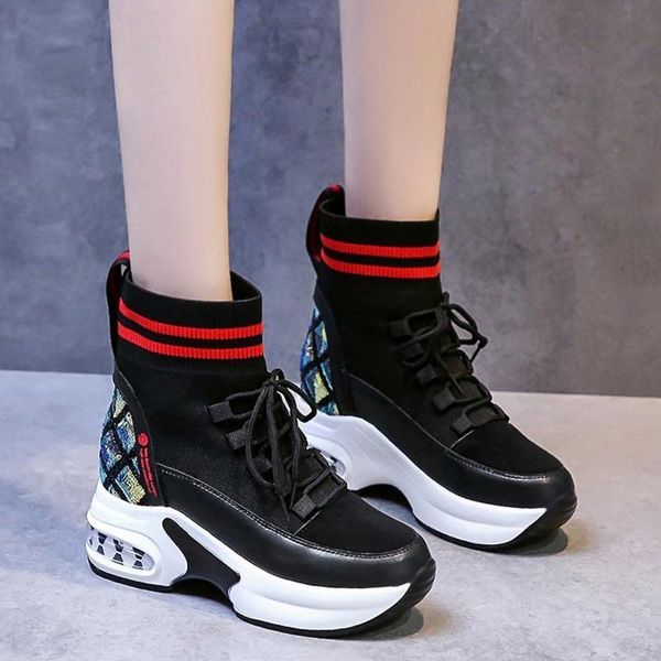 

rimocy fashion sequins women platform ankle boots autumn winter 2020 height increasing casual sock shoes woman chunky sneakers, Black